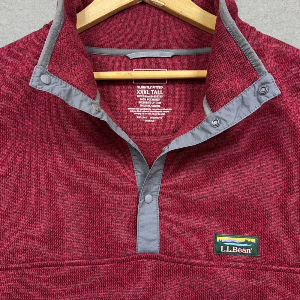 LL Bean Sweater Fleece Pullover Mens 3XL Tall Maroon Heather Snap Mock Neck